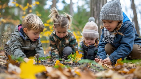 4 Kinder zwischen 3 und 6 Jahren sitzen im Freien um frisch gepflanzte Bäumchen