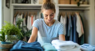 Junge Frau mit blondem Haar steht vor dem geöffneten Kleiderschrank und vor ihr liegen Kleiderstapel