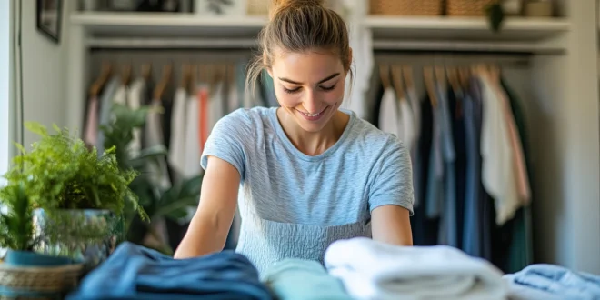 Junge Frau mit blondem Haar steht vor dem geöffneten Kleiderschrank und vor ihr liegen Kleiderstapel