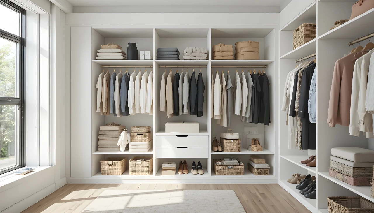 Ankleiderzimmer mit minimalistisch sortierten Kleiderschrank