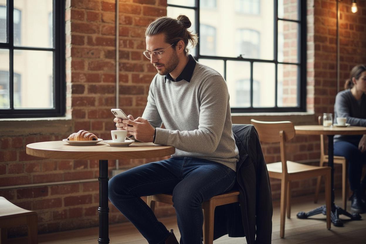 Mann sitzt im Café und trägt ein schwarzes Hemd unter einem hellgrauen Feinstrickpullover