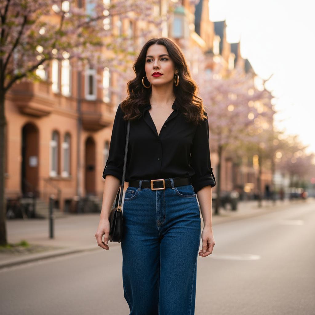 schwarzes Hemd für Damen mit Hight-Waist-Jeans kombinieren