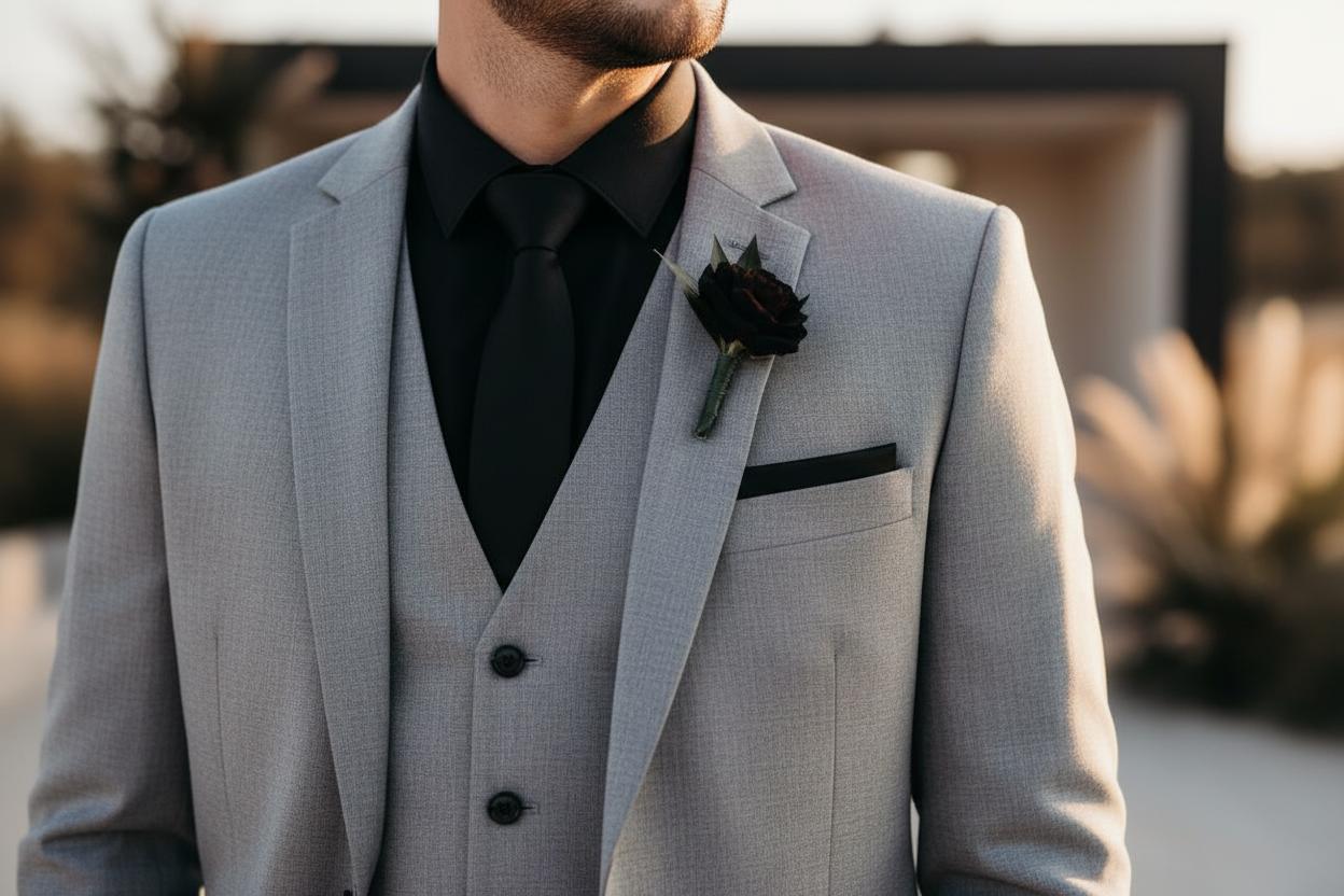 Mann kombiniert schwarzes Hemd mit einem grauen Dreiteiler für Hochzeit