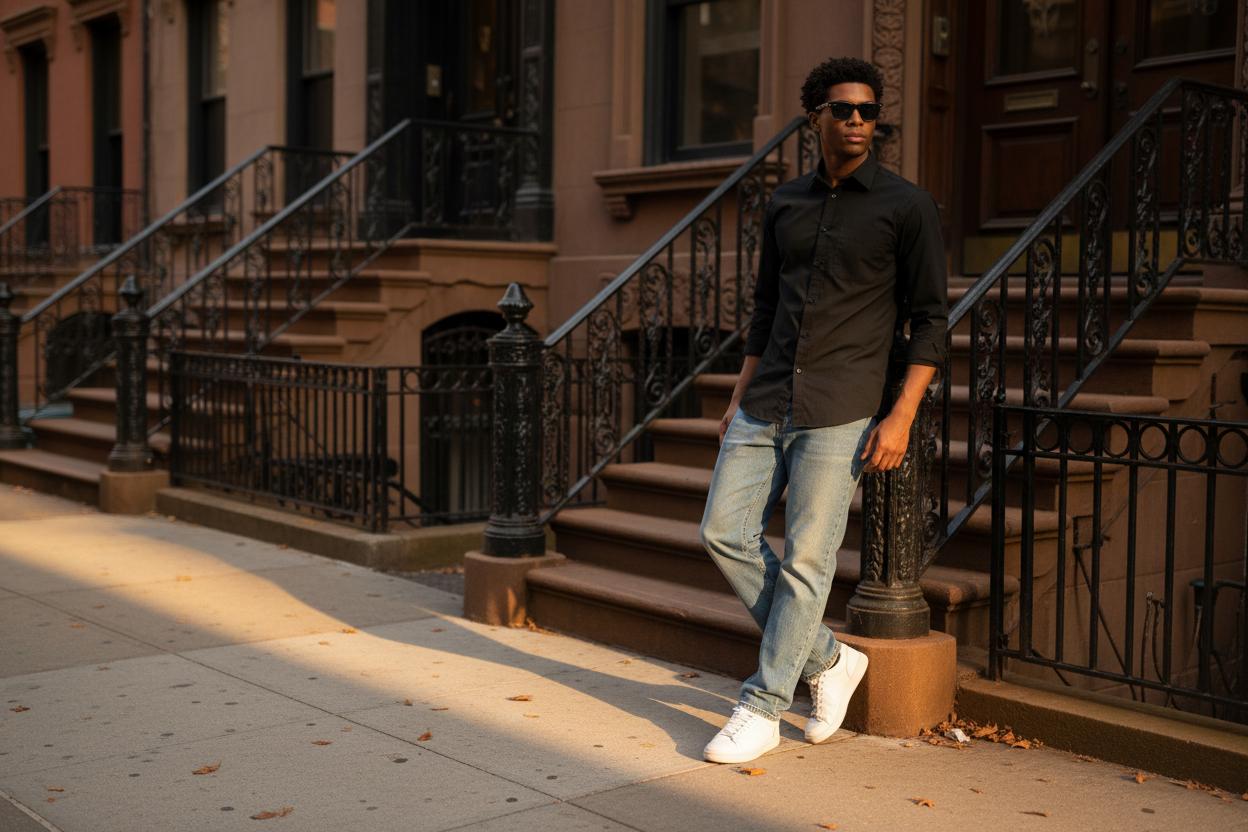 Mann kombiniert schwarzes sportlich mit Jeans und weißen Sneaker