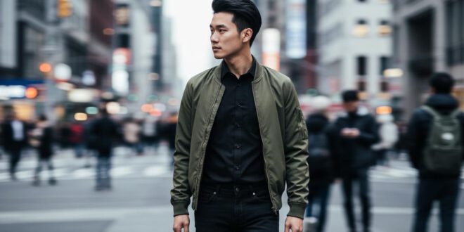schwarzes Hemd stilsicher für jeden Anlass kombinieren zum Beispiel mit schwarzer Jeans und olivgrüner Bomberjacke