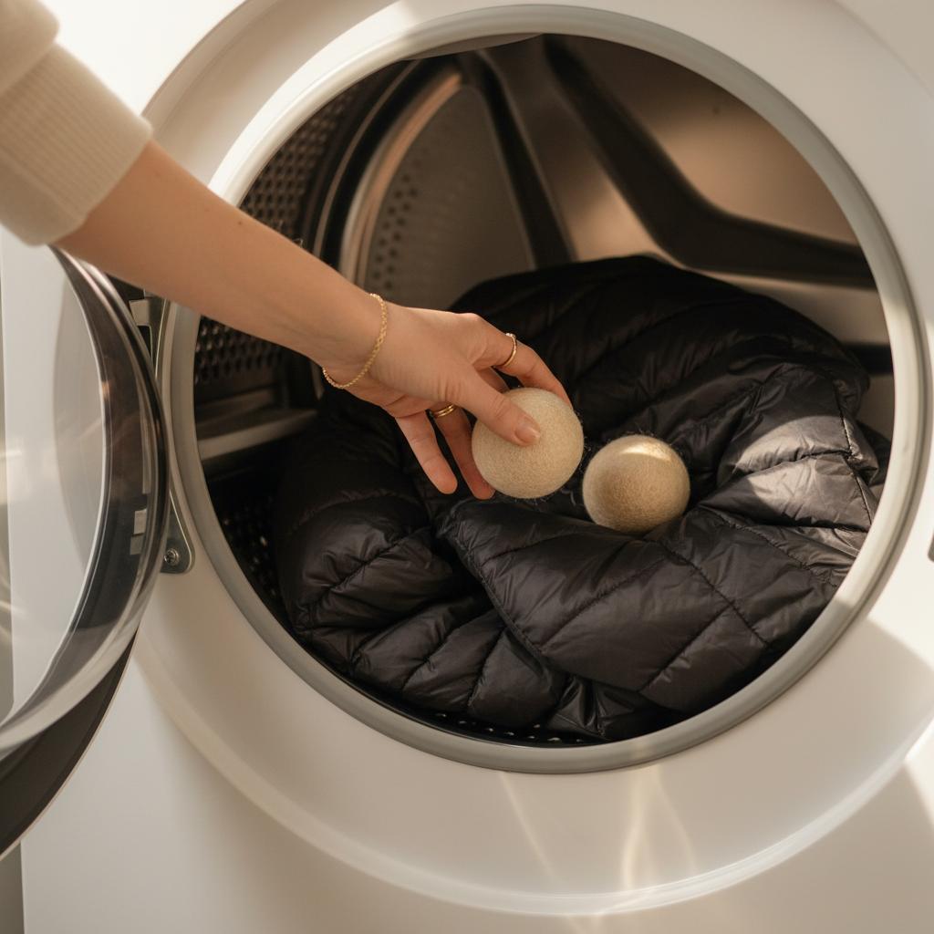 Spezielle Trocknerbälle zum Trocknen von Daunenjacke in einem Trockner. 