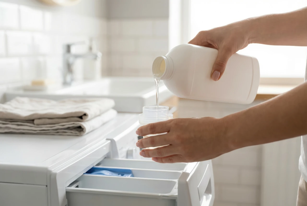Frau gießt Waschmittel in einen Messbecher ein, um Winterjacken zu waschen 