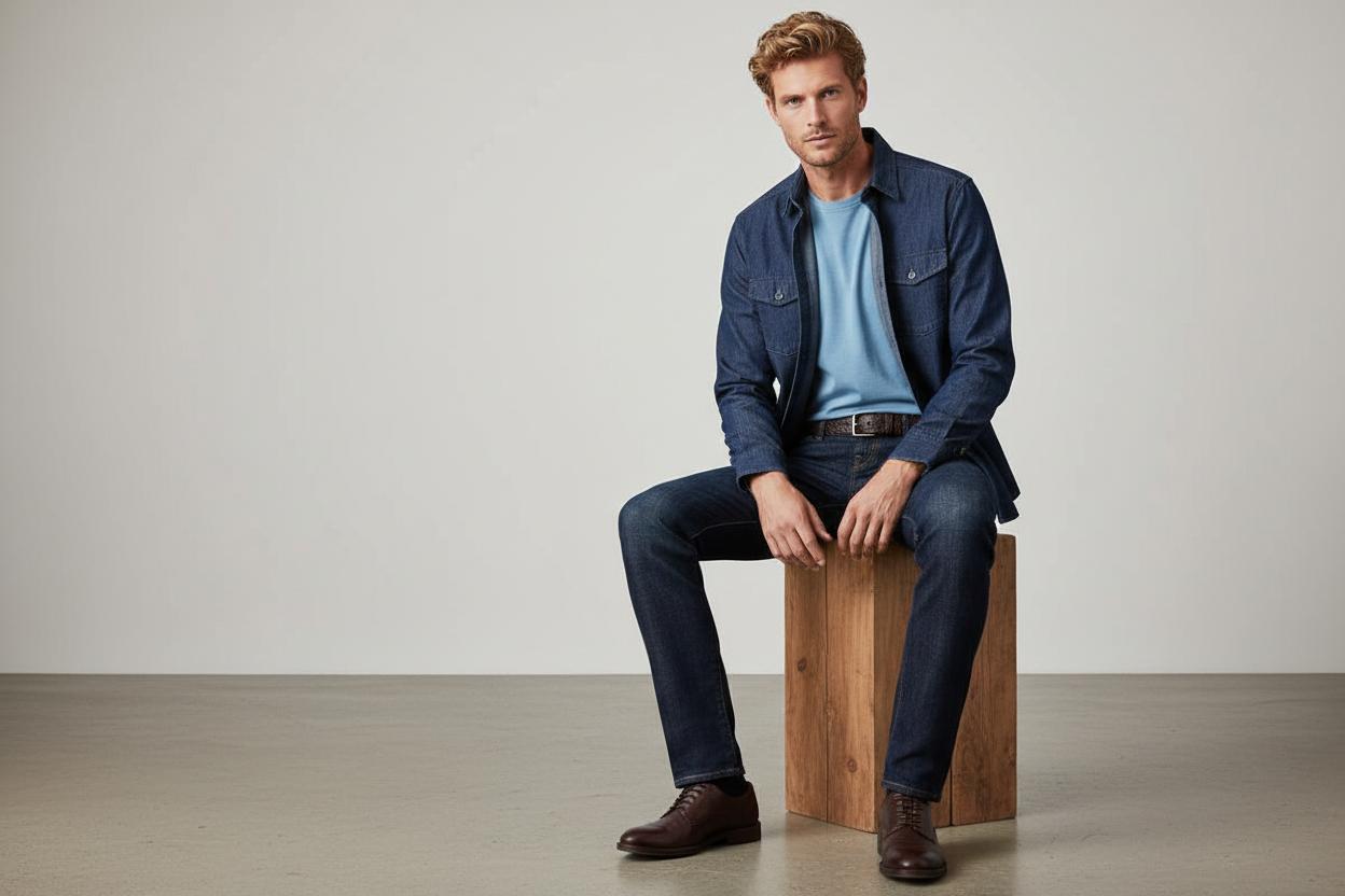 Denim-in-Denim-Look, dunkelblaues Herren-Jeanshemd kombiniert mit Dark Denim Jeans