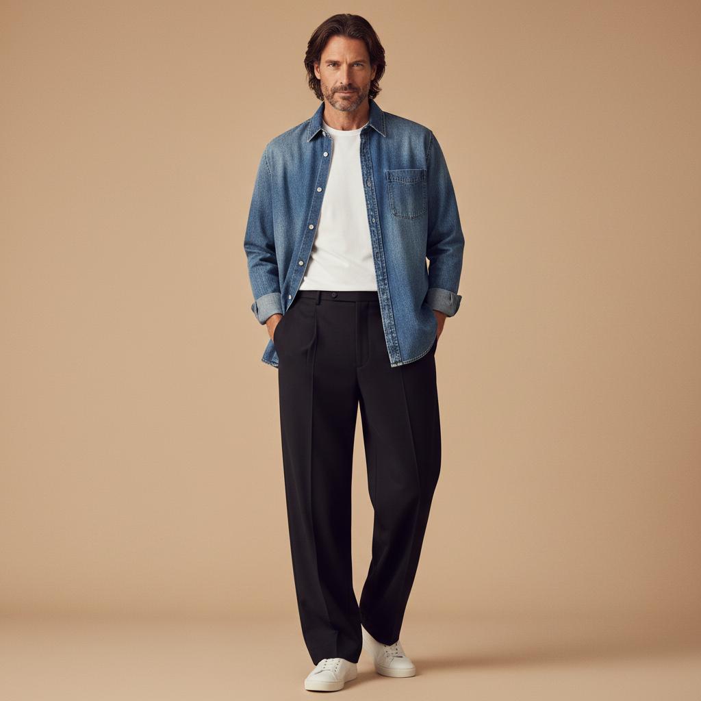 Mann kombiniert Jeanshemd mit weißes T-Shirt und schwarzer Palazzo-Hose