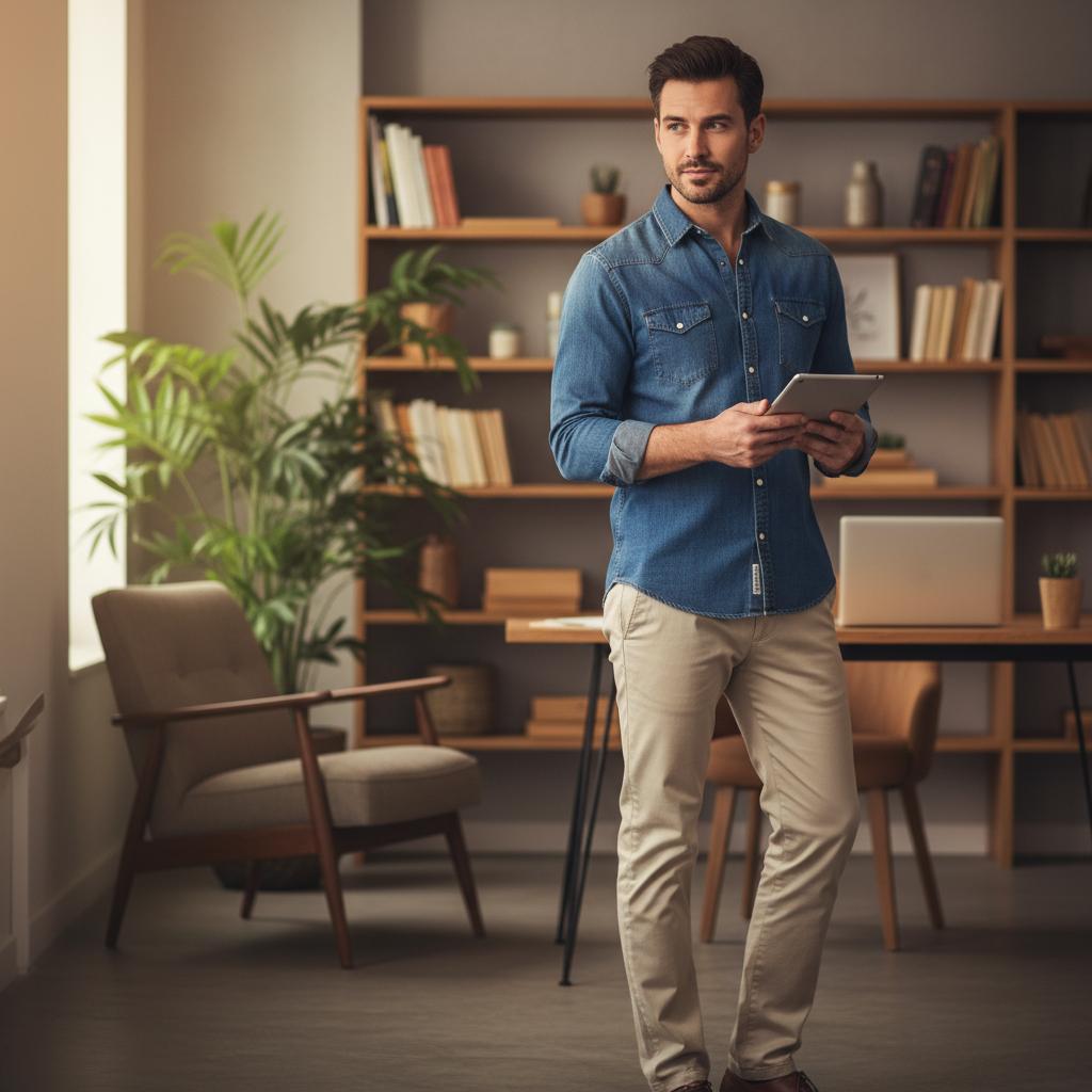 Herren-Jeanshemd kombiniert mit hellen Chinos als Casual Business Outfit