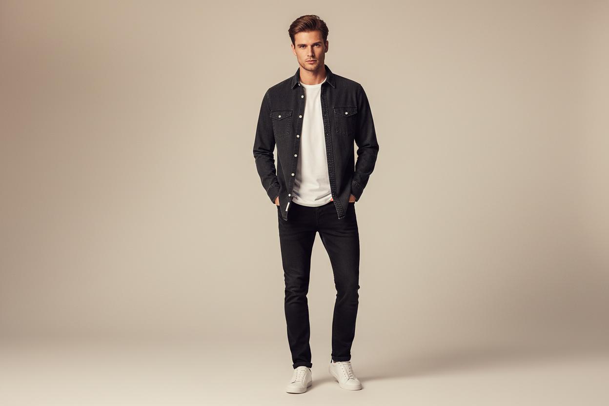 Mann trägt schwarzes Jeanshemd mit schwarzer Jeans und weißem T-Shirt