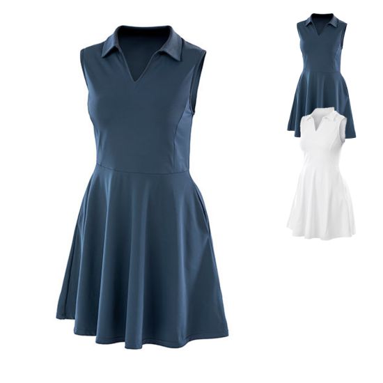 Das Polokleid lässt sportlich-chic stylen, etwa mit einem feinen Strickpulli kombiniert. Polokleid in Weiß und Navy