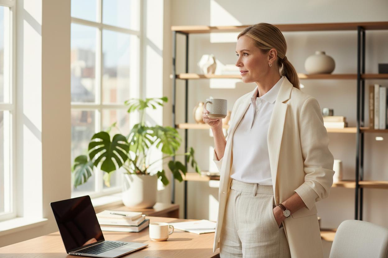 Stilvoller Sommer-Look: Weißes Poloshirt, Leinenhose und Blazer. Tenniscore Outfit fürs Büro, Frau trägt weißes Poloshort mit Leinenhosen und Blazer in Creme