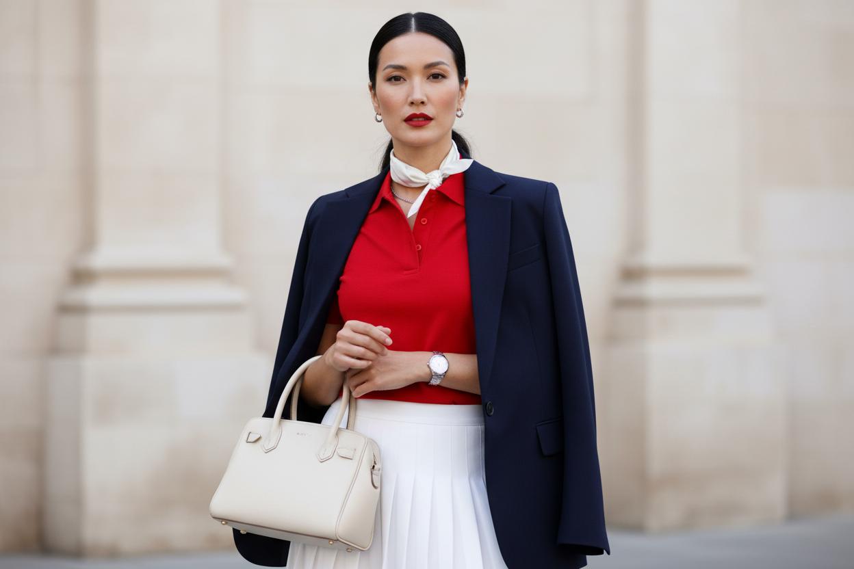 Tenniscore Modetrend Stylingideen, Frau trägt weißen Tennisrock mit roten Poloshirt und dunkelblauem Blazer