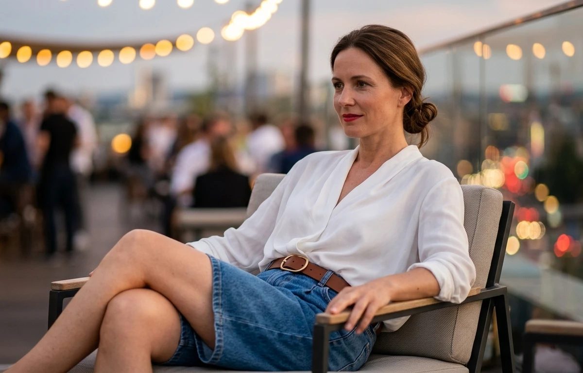 Mit einer schicken Blusen kombiniert, lassen sich Jeans-Bermudas auch abends edel tragen. Jeans-Bermudas elegant mit weißer Bluse stylen