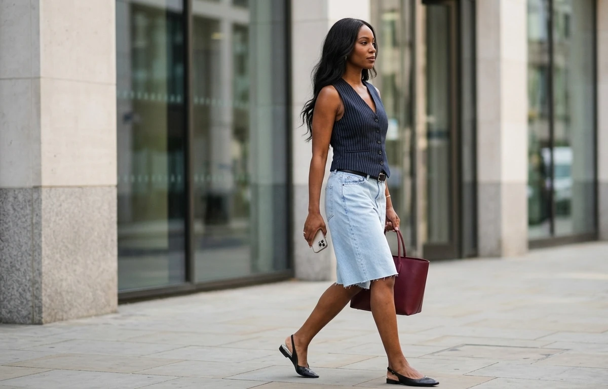 Elegant und lässig zugleich! Jeans-Bermudas mit Weste stylen. helle, weite Jeans-Shorts kombiniert mit einer Weste in Nadelstreifen-Optik als Top.