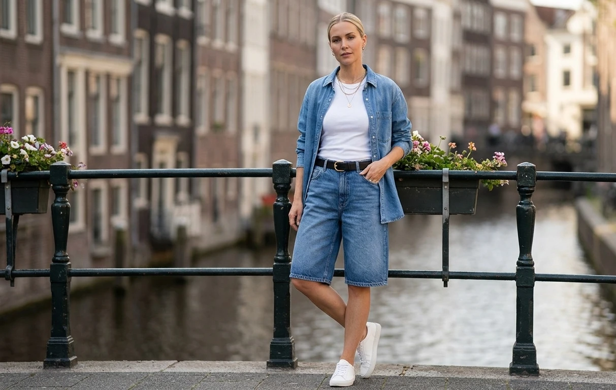 Denim trifft auf Denim: Jeans-Shorts mit Jeanshemd lässig stylen. Jeans trifft auf Jeans: Bermudas und Jeanshemd