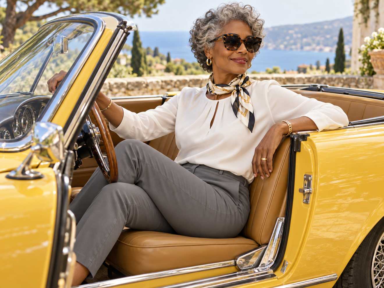 Frau ab 60 mit grauen Locken in weißer Bluse, grauer Hose und Seidentuch in einem gelben Oldtimer-Cabrio - schicke Mode für Frauen ab 60