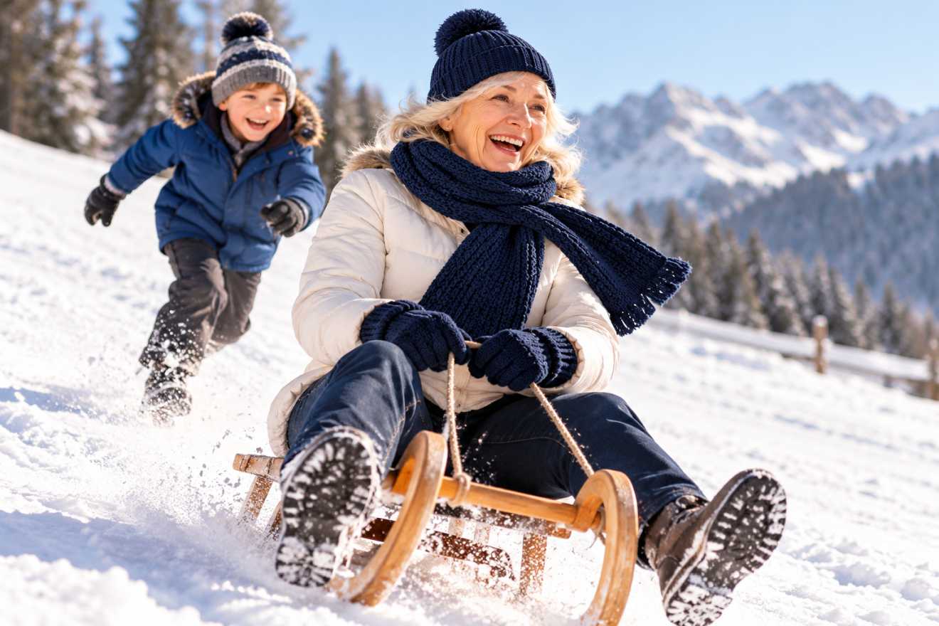 Frau ab 60 in heller Daunenjacke, dunkelblauer Bommelmütze und Schal beim Rodeln mit ihrem Enkel im Schnee - sportliche Mode für Frauen ab 60