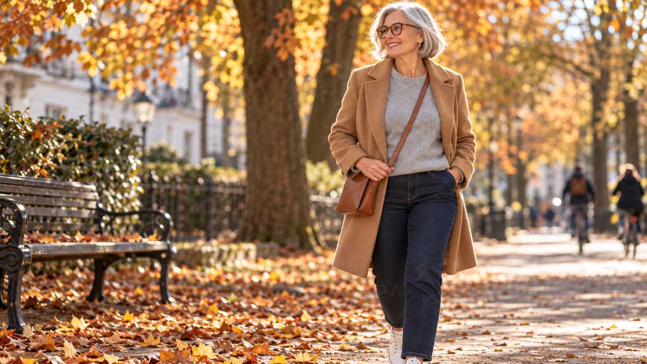 Frau ab 60 mit grauem Haar und Brille in Camelmantel, grauem Pullover, dunkler Jeans und weißen Sneakern im Herbstpark - Mode für Frauen ab 60