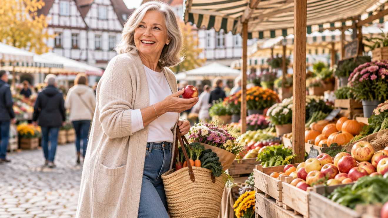 Frau ab 60 in langem, offenem Cardigan, weißem Shirt und Jeans mit Korb auf dem Wochenmarkt - lässige Mode für Frauen ab 60