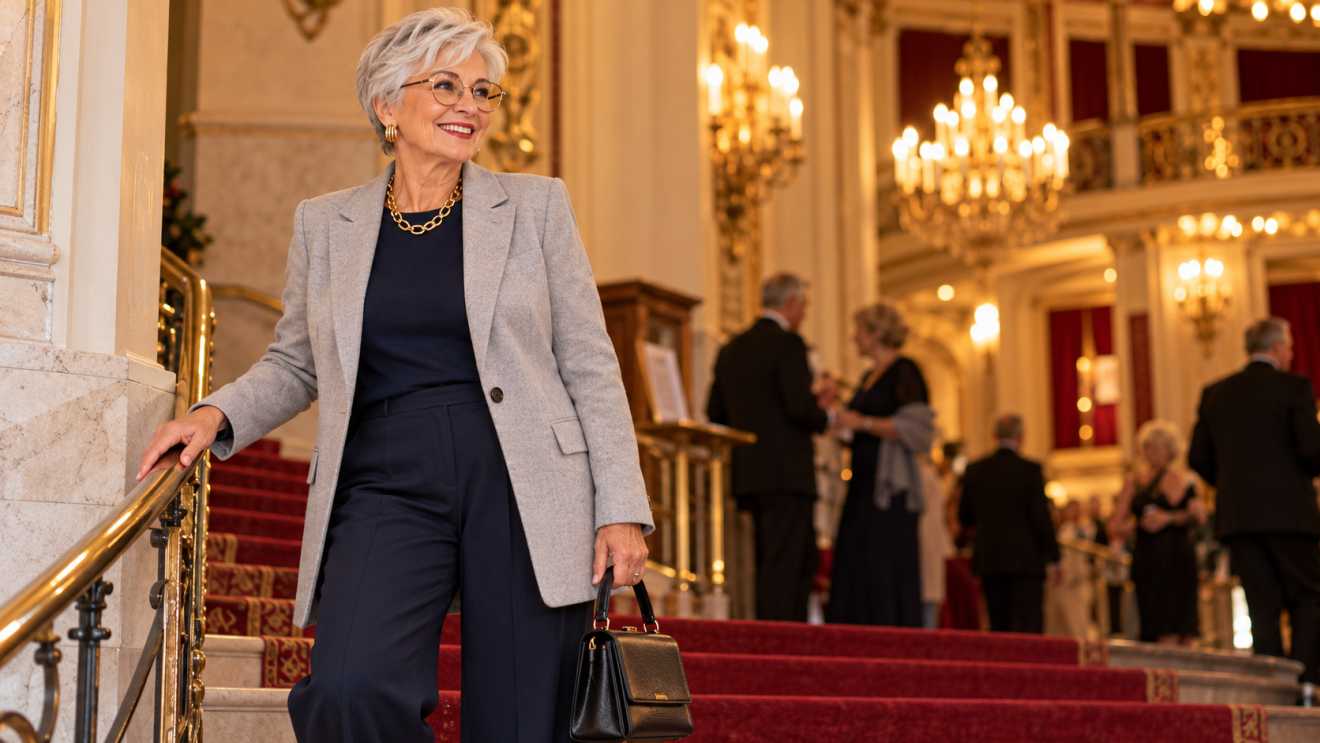 Frau ab 60 mit kurzem grauem Haar in grauem Blazer, dunkelblauer weiter Hose und Goldkette im Theaterfoyer - schicke Mode für Frauen ab 60
