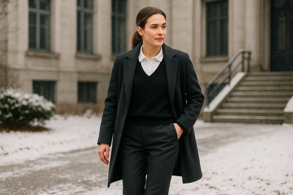 Junge-Frau-Poloshirts im Winter kombinieren 2