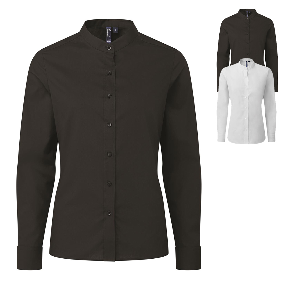 PW358 Premier Workwear Damen Bluse „Großvater“-Stehkragen langarm
