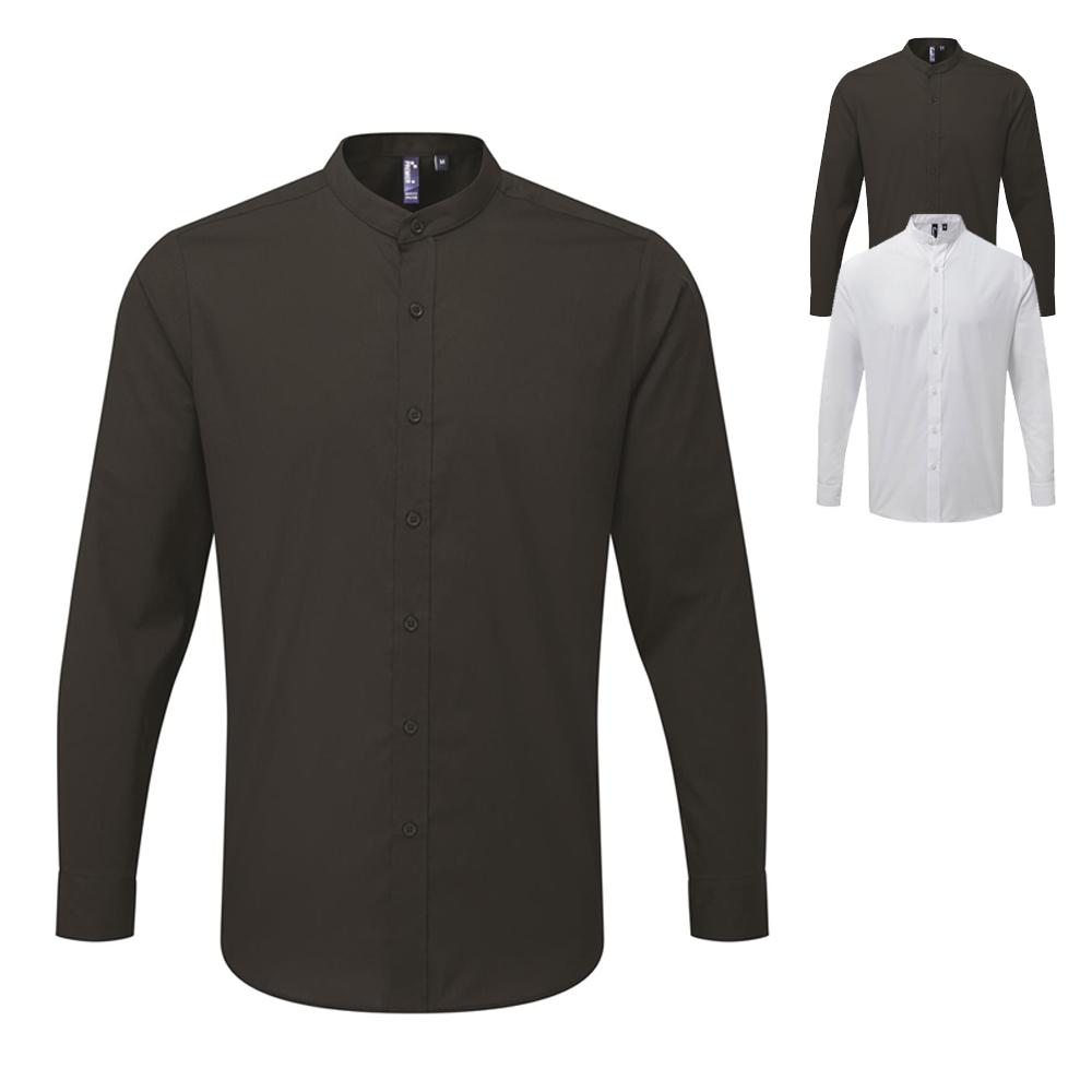 PW258 Premier Workwear Herren Hemd „Großvater“-Stehkragen langarm