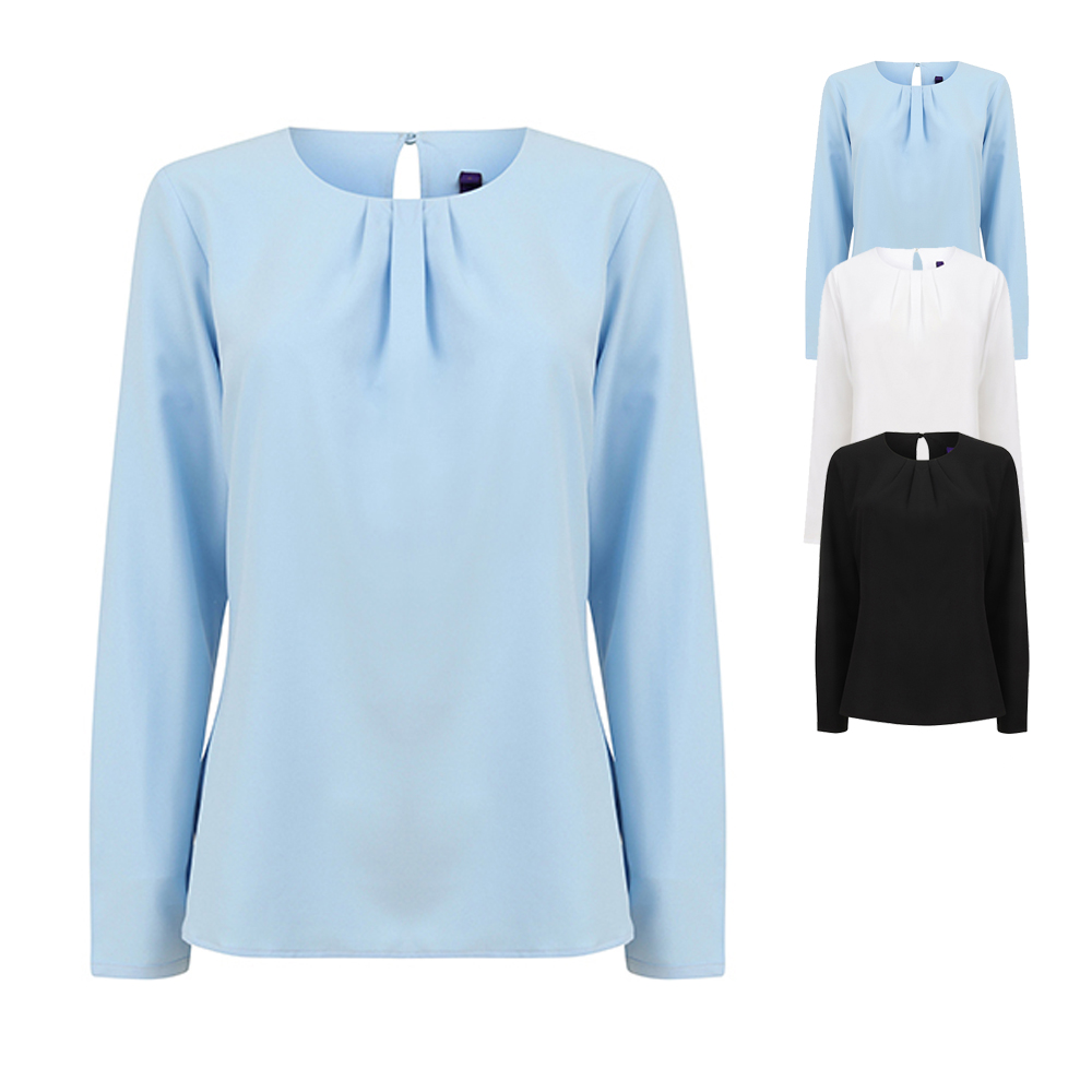 W598 Henbury Damen Bluse mit Falten vorne und langen Ärmeln